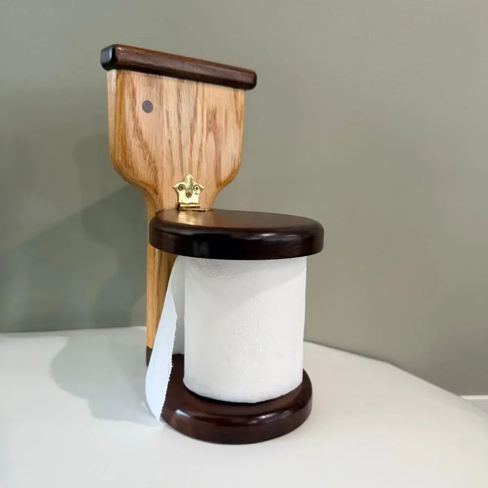 Wooden Toilet Shaped Paper Holder Hinged 2 Tone Freestanding 11 x 6